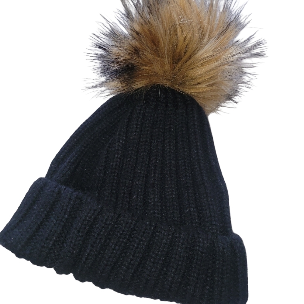 Bench Black Knit Winter Hat with Faux Fur Pom-pom